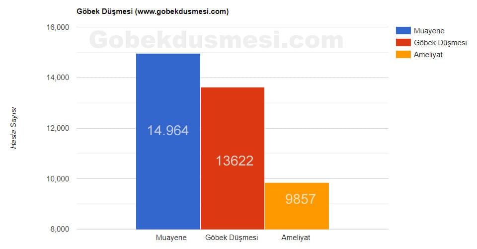 Şekil-2: Göbek Düşmesi nedeniyle yapılan işlemler. Veriler 2005-2020 yılları arasında muayene ve ameliyat olan hastaların bilgilerine dayanmaktadır. Bu tabloya göre şikayetleri nedeniyle toplam 14.964 kişi başvuruda bulunup muayene edilmiştir (mavi). Toplam 13.622 hastada Göbek Düşmesi patolojisi tespit edilmiştir. Toplam 9.857 hasta onay verip ameliyat olmuştur.
